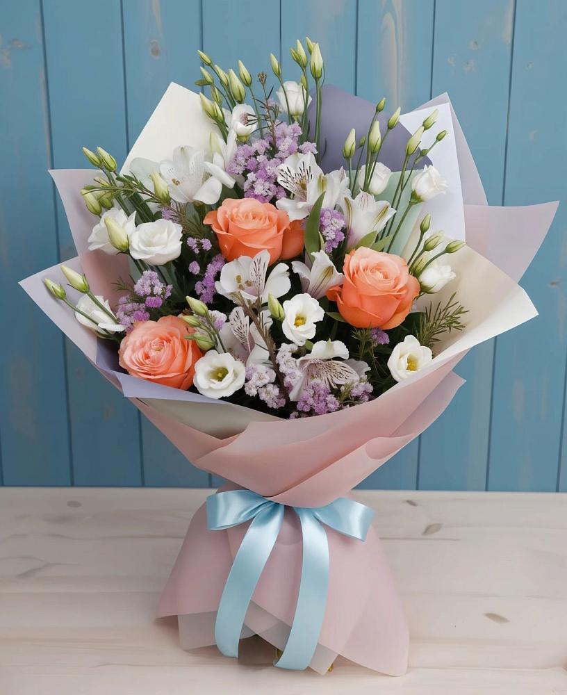 Букет цветов из: Лизиантусы, Розы, Альстромерии и Гипсофила в Ясенках