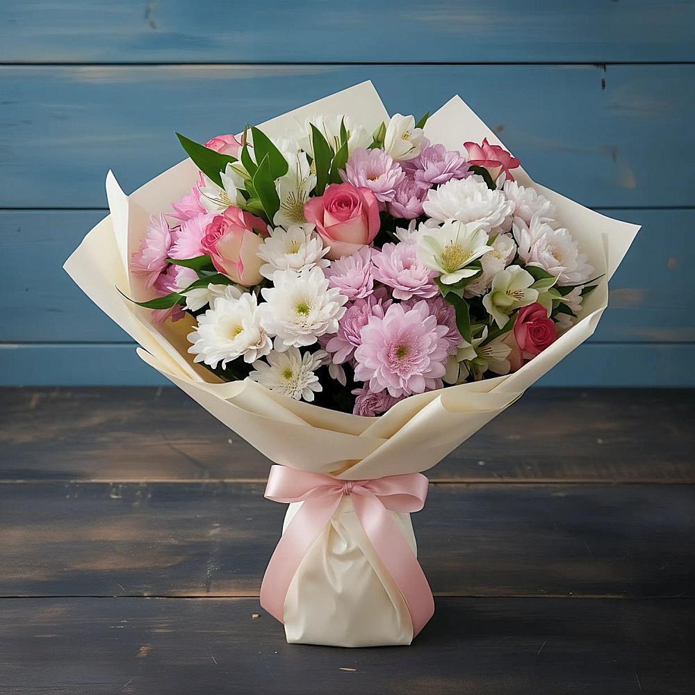 Букет цветов из: Хризантемы, Альстромерии и Розы в Ясенках